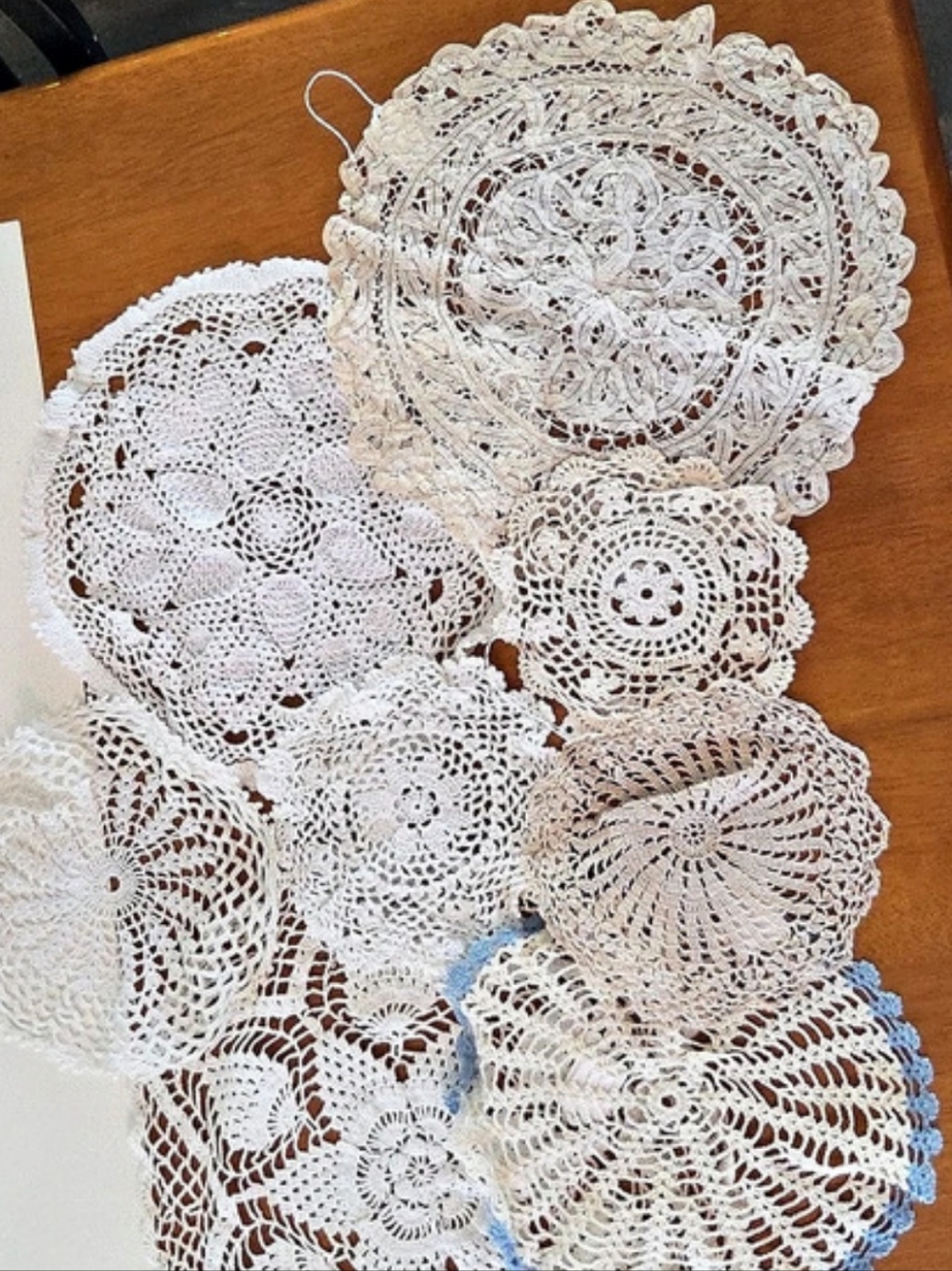 Lot Of 8 Crocheted Doily and Lace Assortment in White & Blue